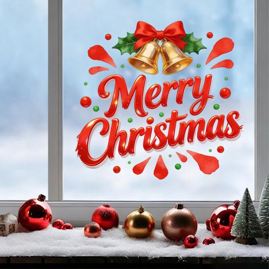 Festive Mirror Decorations Merry Christmas Static Glass Sticker, Window Decals with Bell Wall Stickers Elements, Removable Clings for Home Store