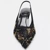 Fashion Fashion Mesh String Bead Embellished Design Heels Women Elegant Pointed Toe Back Strap Slide Sandals Black Party Dress Shoes