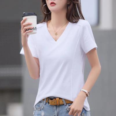 Women Soft White Cotton V Neck T Shirt Short Sleeve Summer Casual Top