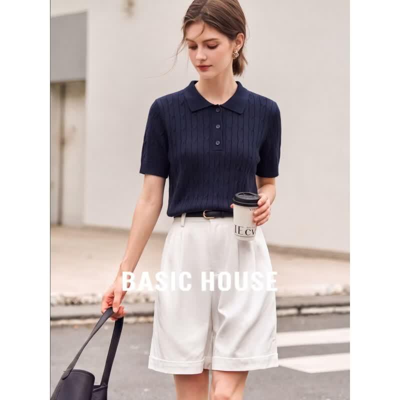 Basic House Women s Tencel Polo Knit Top L