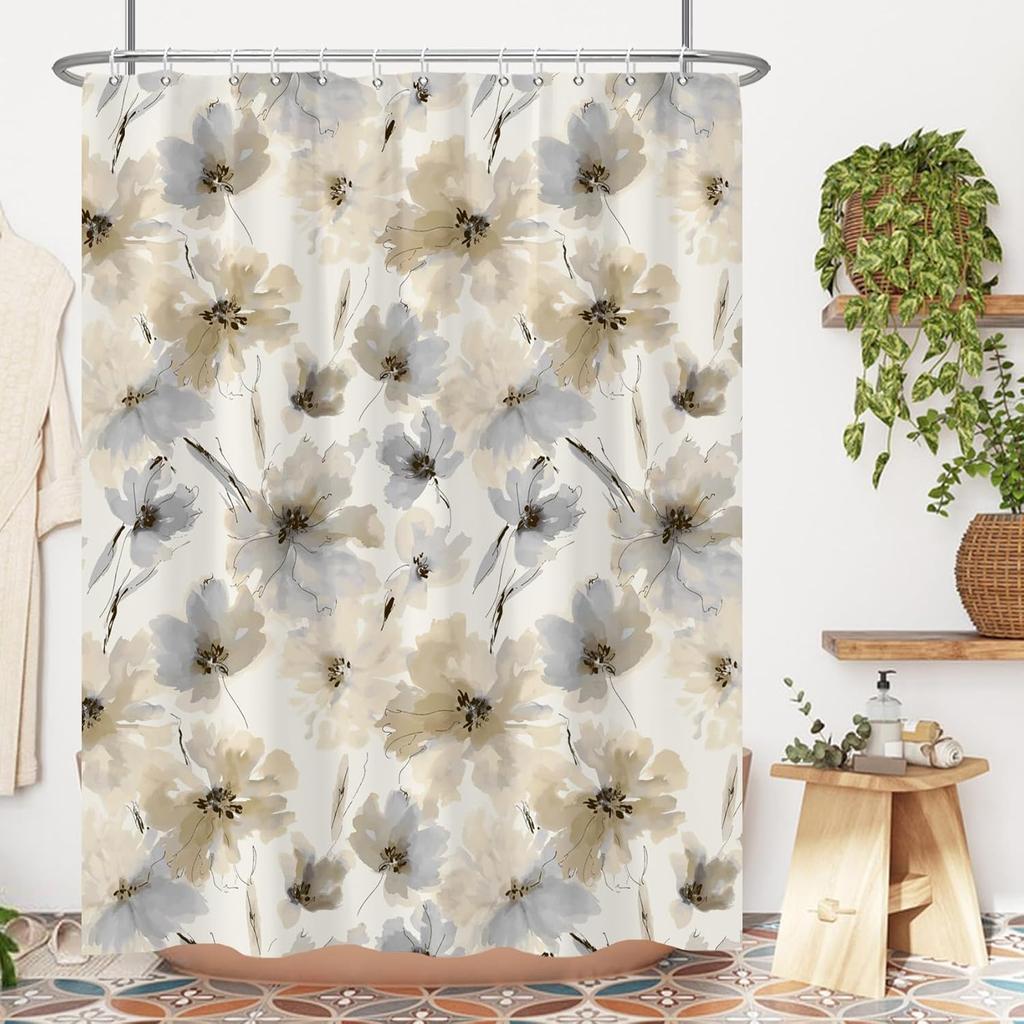 Yellow Gray Floral Shower Curtain,Beige Grey Flower Shower Curtain Set for Bathroom,Natural Watercolor Flower Fabric Bath Curtain with Hooks, 72x72in