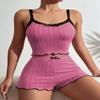 Women's Elastic Pajama Set: Lace Trim Camisole & Ribbed Knit Fleece Shorts