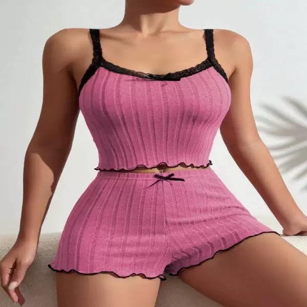 Sexy Lace Trimmed Bow Tie Camisole and Shorts Two-Piece Set