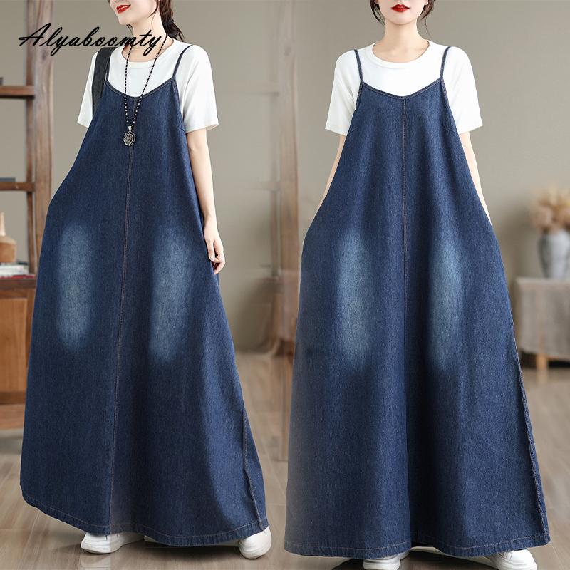 Spring Summer Women Streetwear Plus Size Sundress Spaghetti Strap Blue Denim Sleeveless Dress Vintage Washed Cotton Oversized Dress