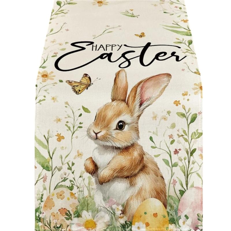 Linen Table Scarf Easter Rabbit Eggs Pattern Rectangular Washable Table Runner For Spring Decorations And Home Styling