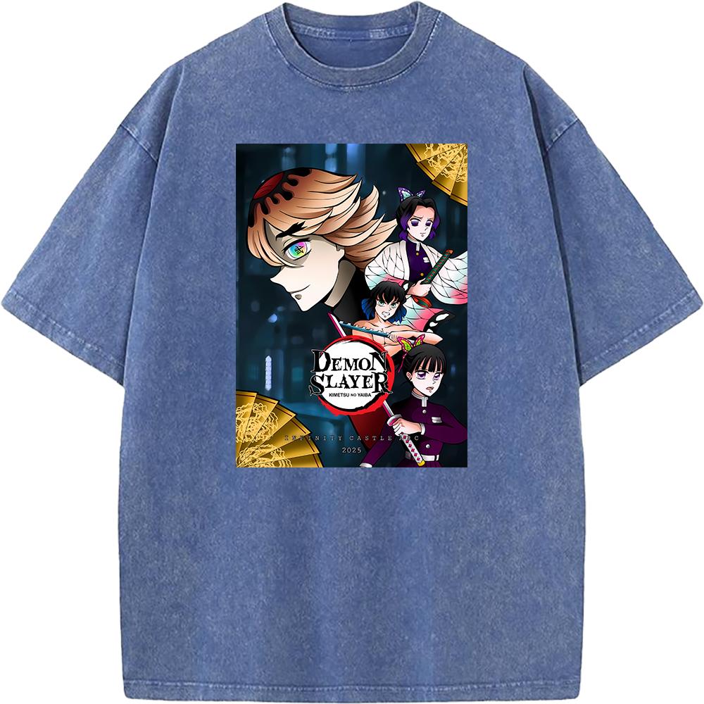 Demon Slayer Kochou Shinobu Inosuke Anime Clothing Men Women Retro Washed T-shirts Manga Cotton Tshirt Harajuku Male T Shirt