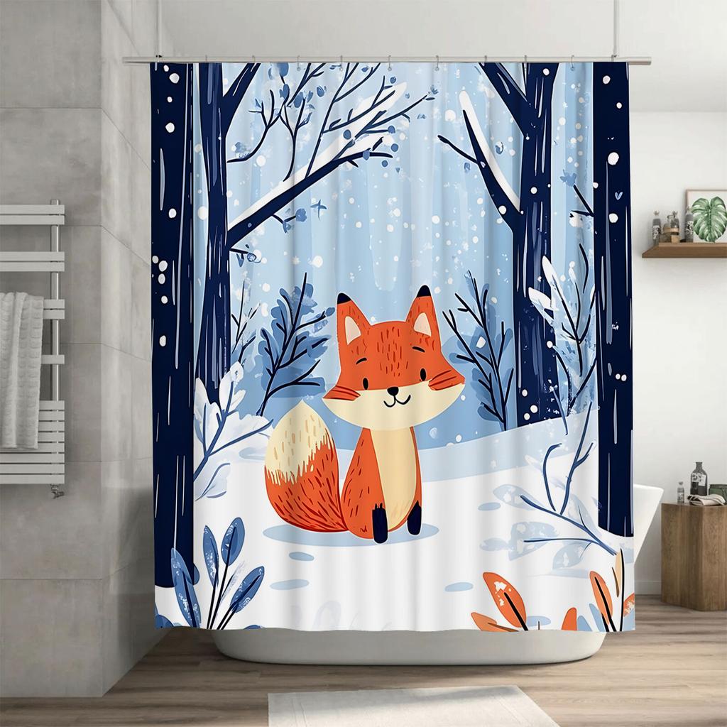 Charming Winter Fox Shower Curtain For Kids - Cute Animal Design Waterproof Bath Decor With Ring Waterproof Durable Easy-Clean