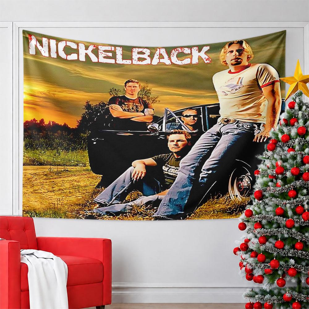 Band posing near a black car with a grassy backdrop and sunset sky. Patterned tapestry for bedroom and living room home decor