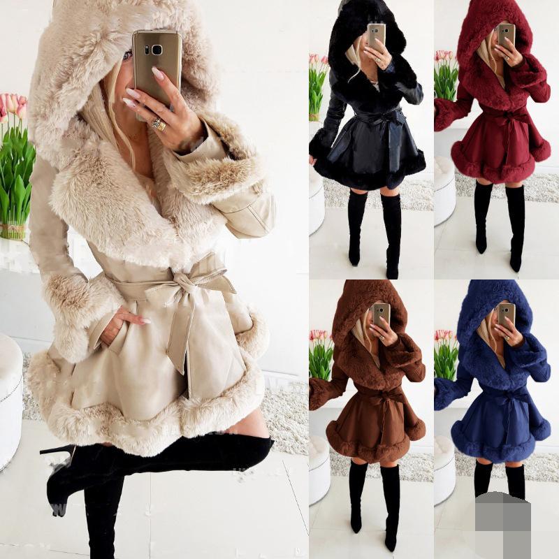 Fur Jackets Women Elegant Fur Belt Coat Streetwear Lapel Warm Hooded Jacket
