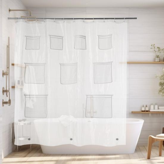 Shower Curtain Bath Organizer Shower Curtain with 9 Transparent Pockets Keep Smartphone Safe Bath Curtain for Bathroom Storage