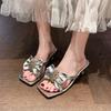 Wearing Square Head Cool Slippers for Women's Summer New Colored Diamond Bow High Heel Cool Slippers for Women