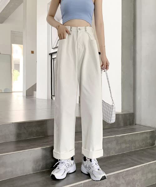 Aimoha Denim Pants with Waist Baggy Zip White Size White Women's High-Waisted Tucks, Silhouette, Fly, Denim, XL,