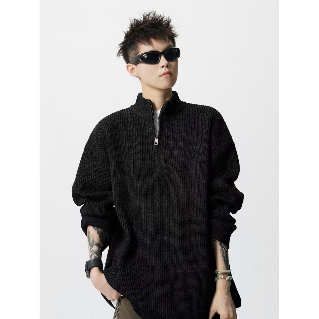 Men's High-Neck Half-Zip Loose Knit Sweater - Retro Style, Solid Color, Versatile for Autumn/Winter.