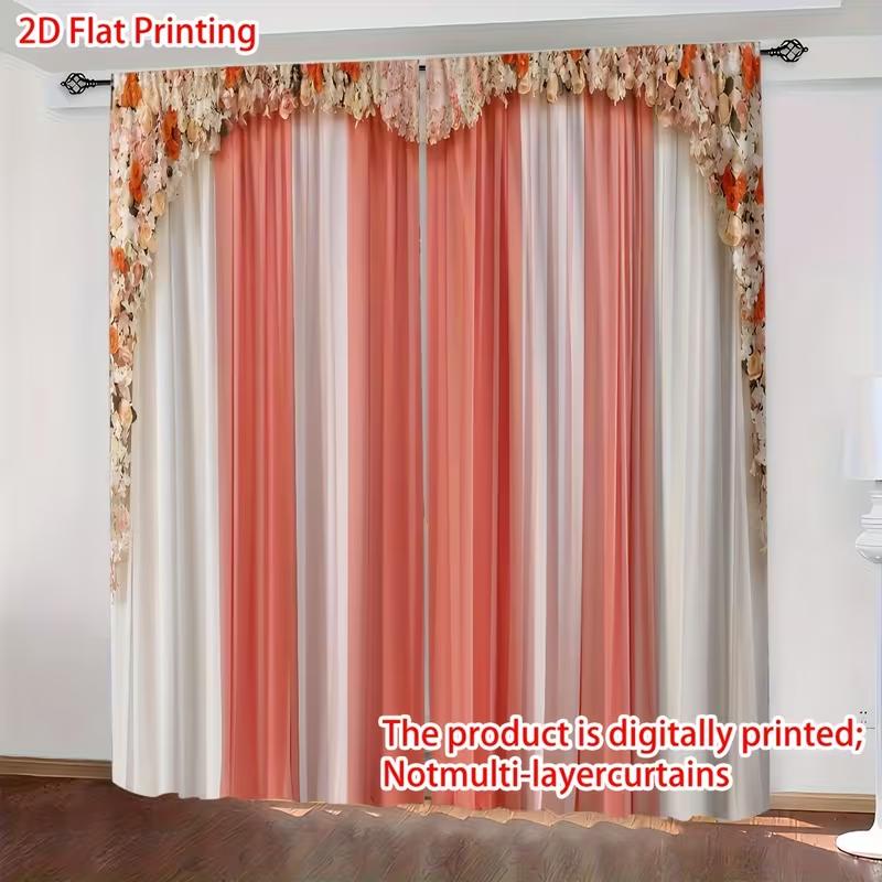 2PC Coral & White Striped Curtains - Floral Valance Print Window Drapes for Living Room Bedroom Decor