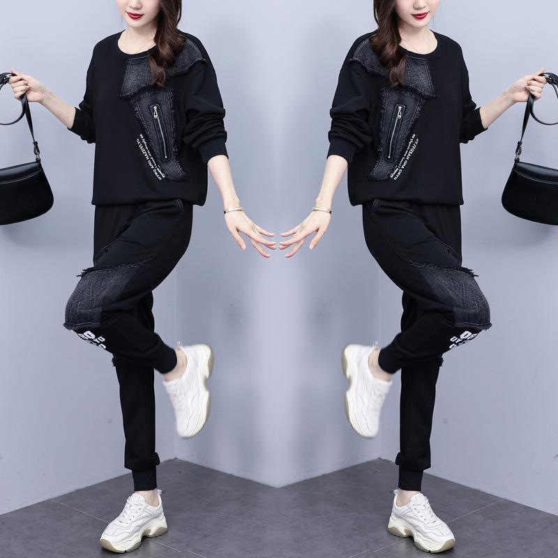 Spring and Autumn Suit Women's Loose Sweater Stitching Denim Printed Long-sleeved Two-piece Casual Plus Size Women's Clothing