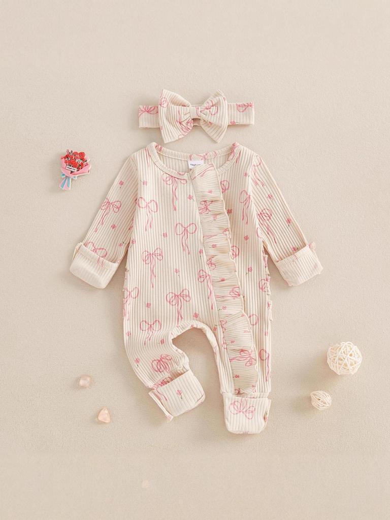 Schmetterlingsprint Langarm Body mit Schleife - Neugeborene Baumwolle Gerippt, Frühling/Herbst Stil