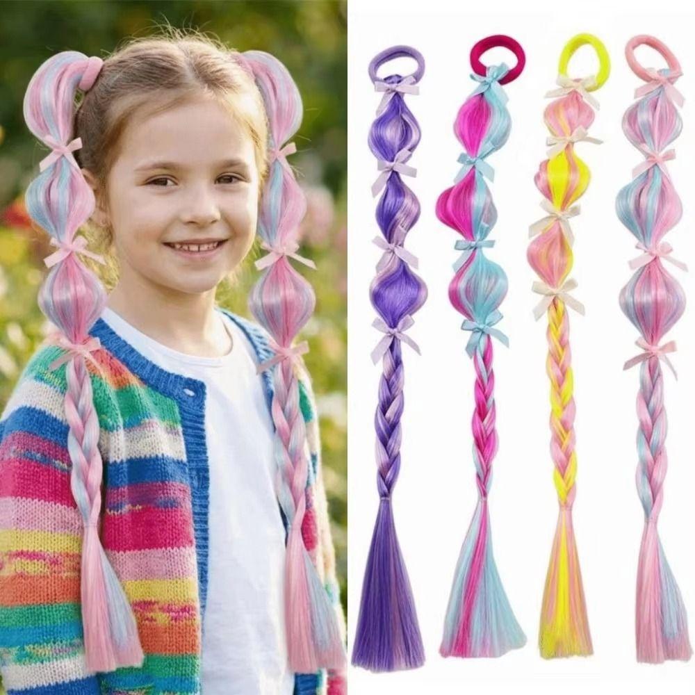 2PCS Colorful Children's Wig Braids Handmade Colorful Braided Hair Ties Wig Ponytail Cosplay Use