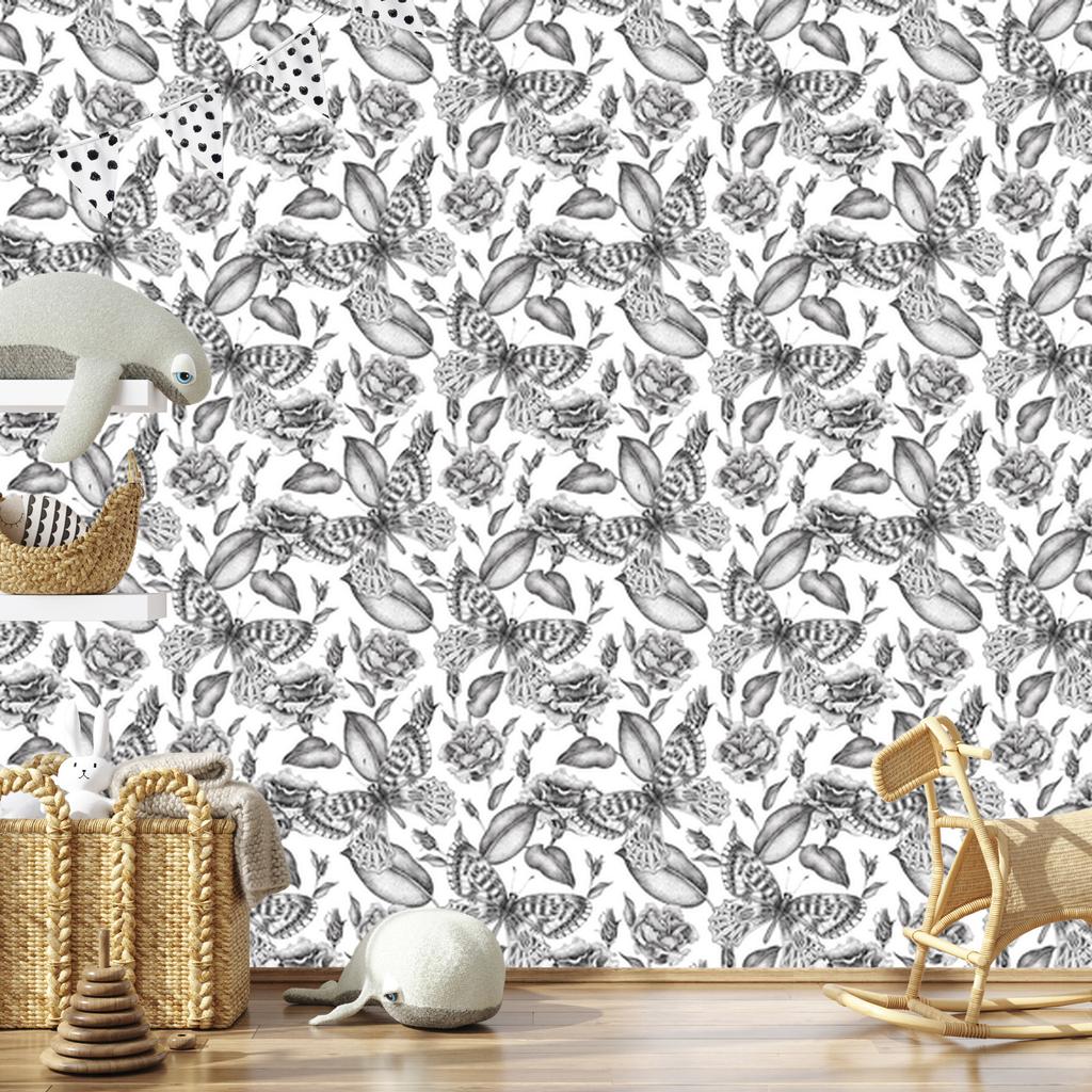 Wallpaper Black and White Roses with Butterflies for Living Room and Bedroom 50x1000