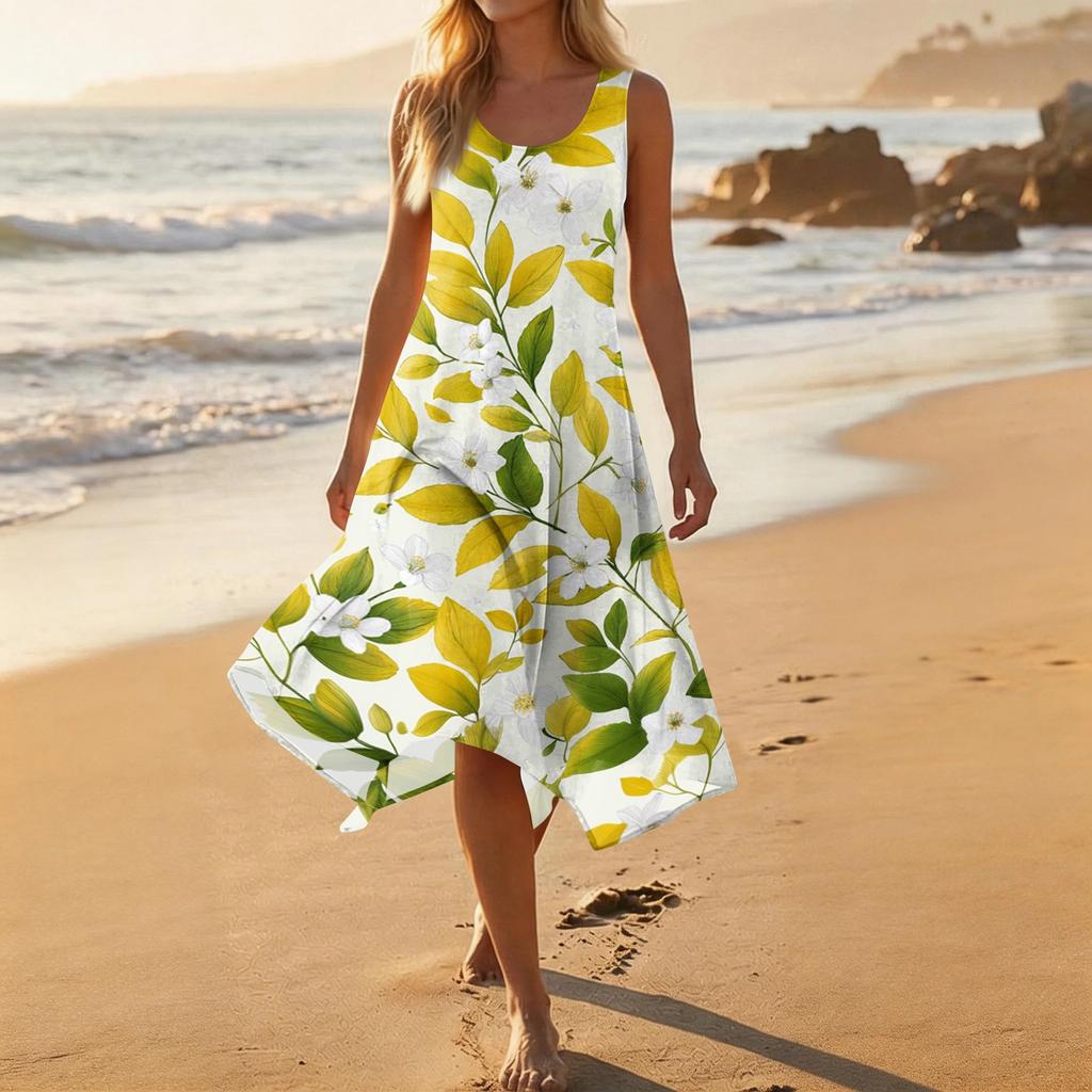 Women Sleeveless Casual Floral Print Dress Round Neck Irregular Hem Mid Length Summer Dress Lightweight Comfortable