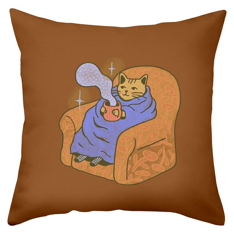 1 Pieces Cute Cat Wrapped In Blanket With Cup On Cushion Polyester pillowcase, sofa decorative cushion cov Headboard Pillow