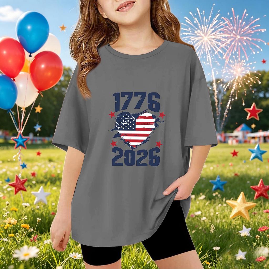 Kids Short Sleeve T Shirt Independence Day Print Top 1776 2026 Casual Fit Comfortable Cotton Blend Tee for Boys Girls