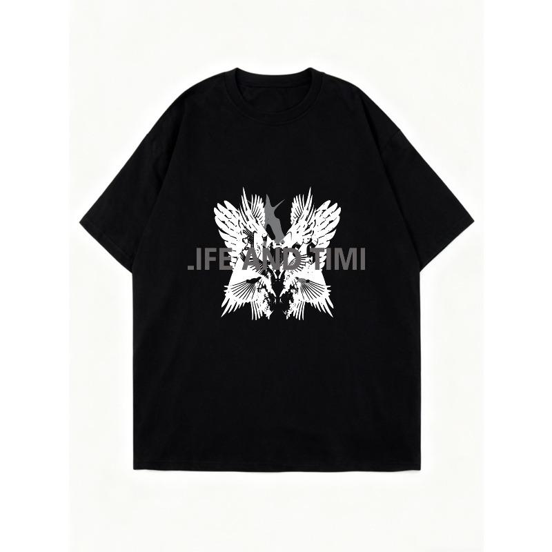 Oversized T Shirt Dress Black Eagle Wings And Text Print Casual Streetwear Style