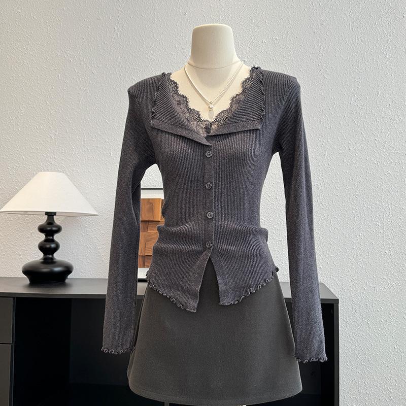 French Lace Patchwork V-neck Knit Cardigan for Women - Slim Fit Autumn/Winter Top