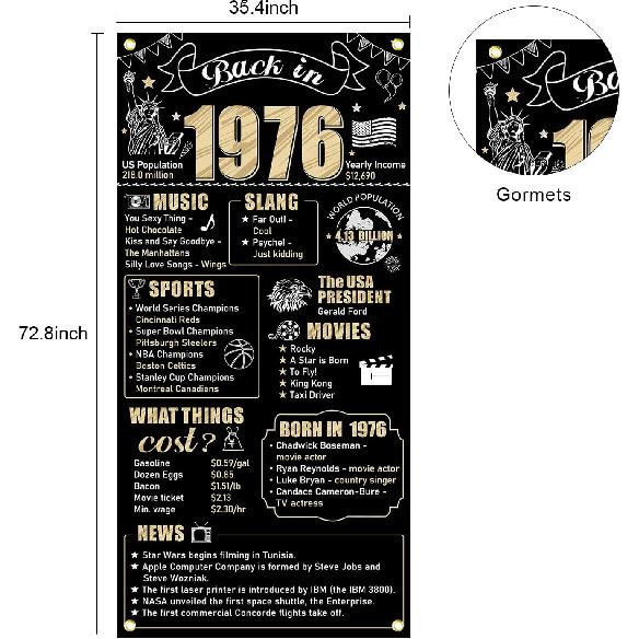 50th Birthday Decorations Back In 1976 Door Banner for Men Women, Black Gold Happy 50 Birthday Door Cover Party Supplies, Fifty Year Old Bday