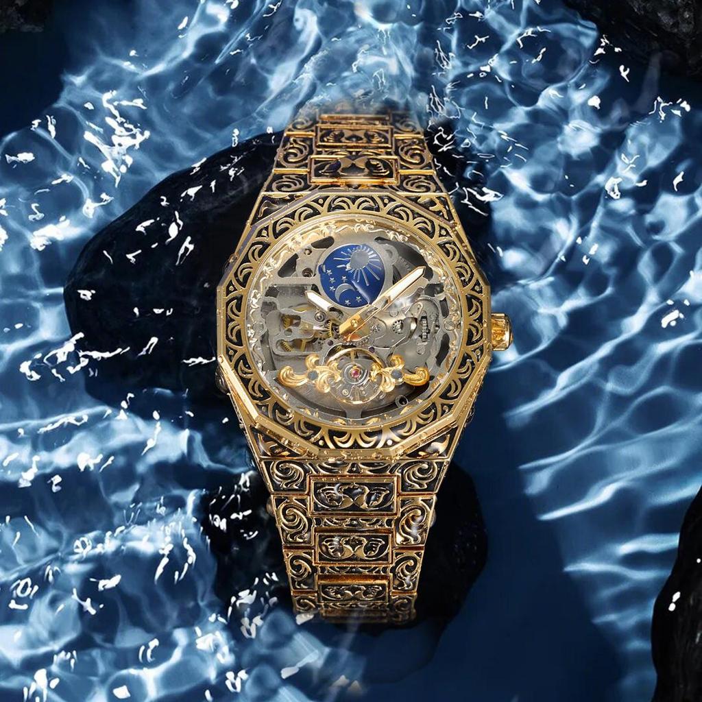 FORSINING Mens Luxury Engraving Wrist Watches Unique Tattoo Pattern Carved Stainless Steel Band Luminous Automatic Skeleton Watch