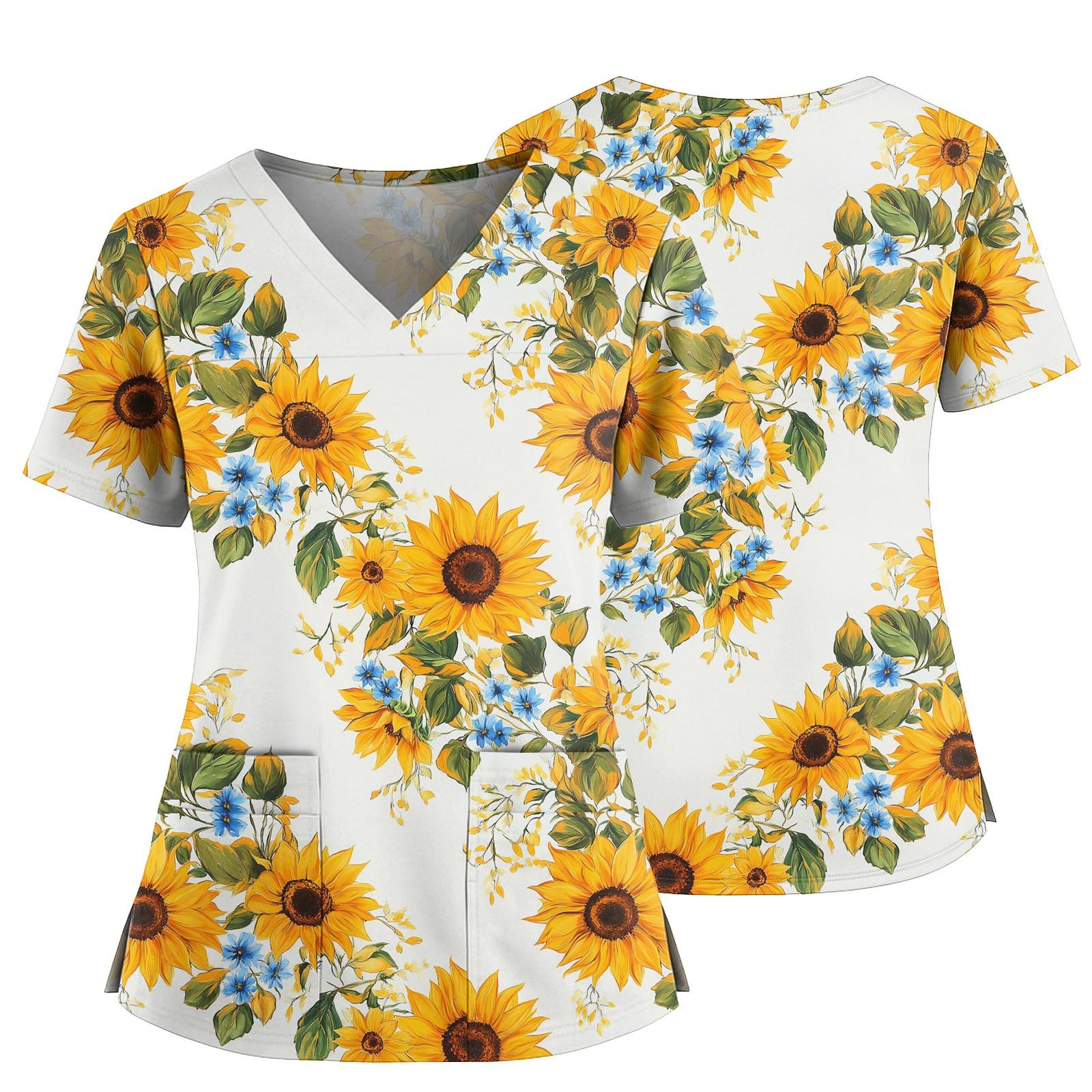 

Женский повседневный топ с принтом, V-образным вырезом, карманом, боковым разрезом и короткими рукавами XL жёлтый