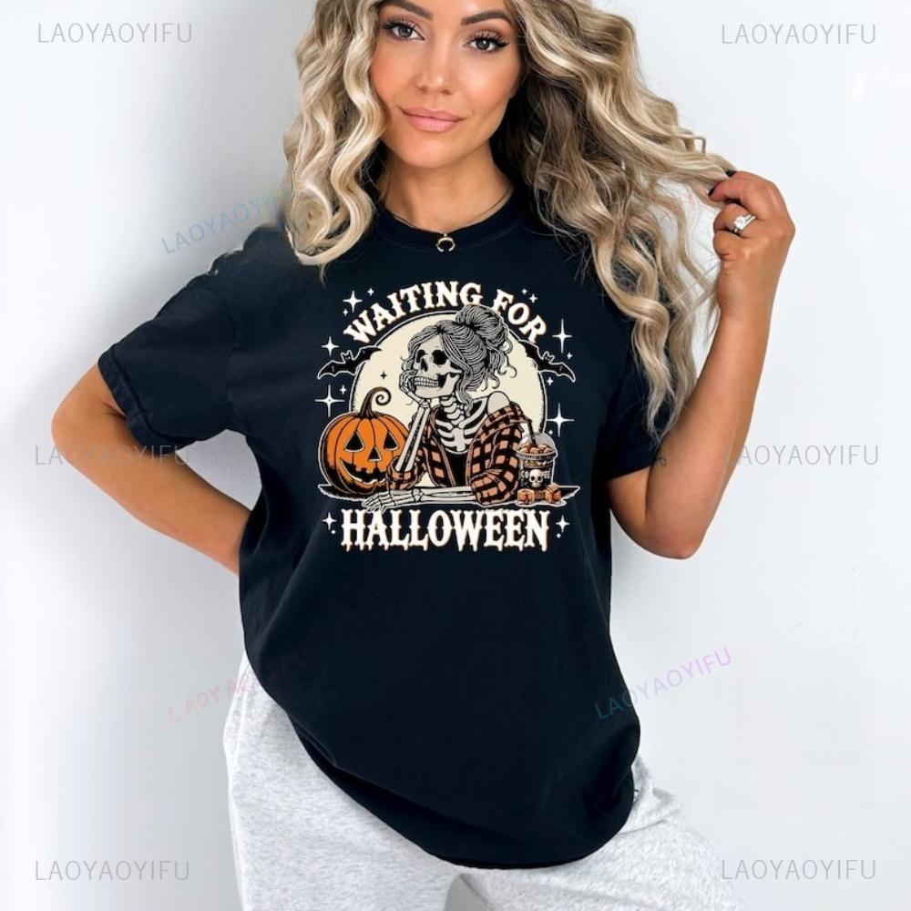

Skeleton Girl Tshirt Just Waiting for Halloween TShirt Funny Spooky Pumpkin Art Tee Halloween Coffee Cup Shirt Women Casual Top 4XL