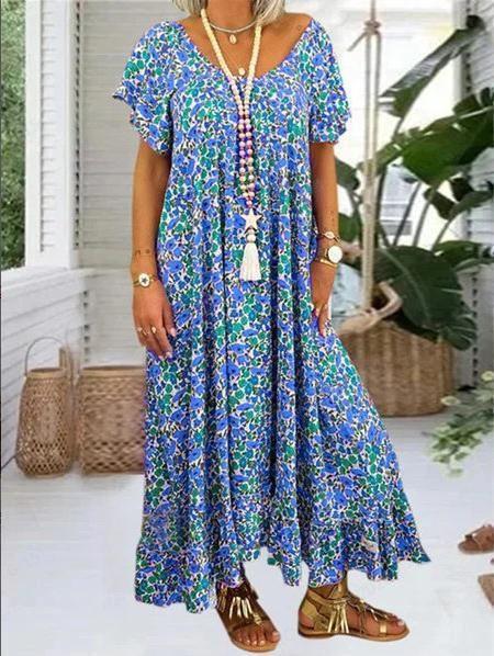 Summer Loose Plus Size Long Printed Bohemian Dress Wind Short Sleeves