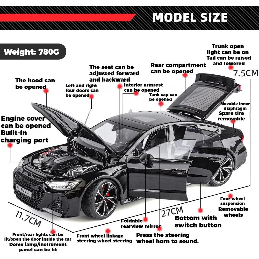 1/18 Scale RS7 Sportback Black Warrior Supercar Diecast Metal Alloy Model Car Remote Control Version Sound & Light Hobbies Collection