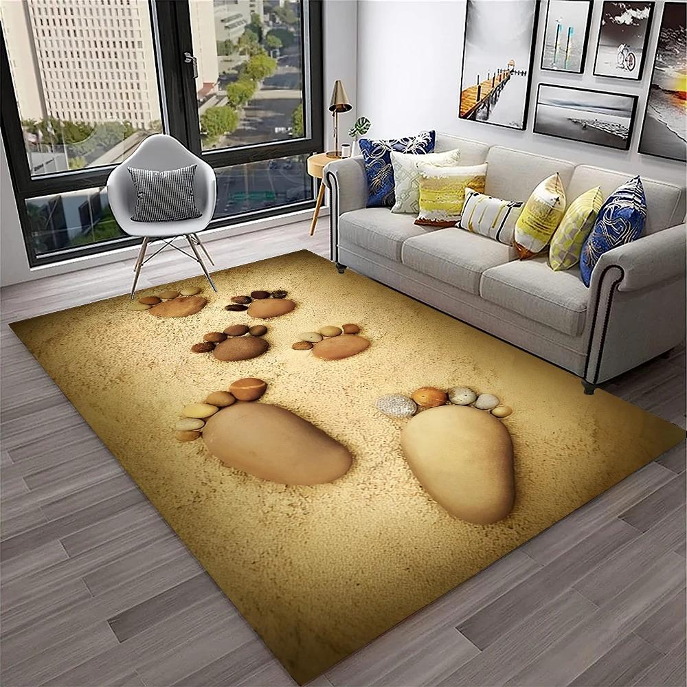 3D Stone Pebbles Footprint Beach Carpet Rug for Home Living Room Bedroom Sofa Doormat Decor,Kid Play Area Rug Non-slip Floor Mat