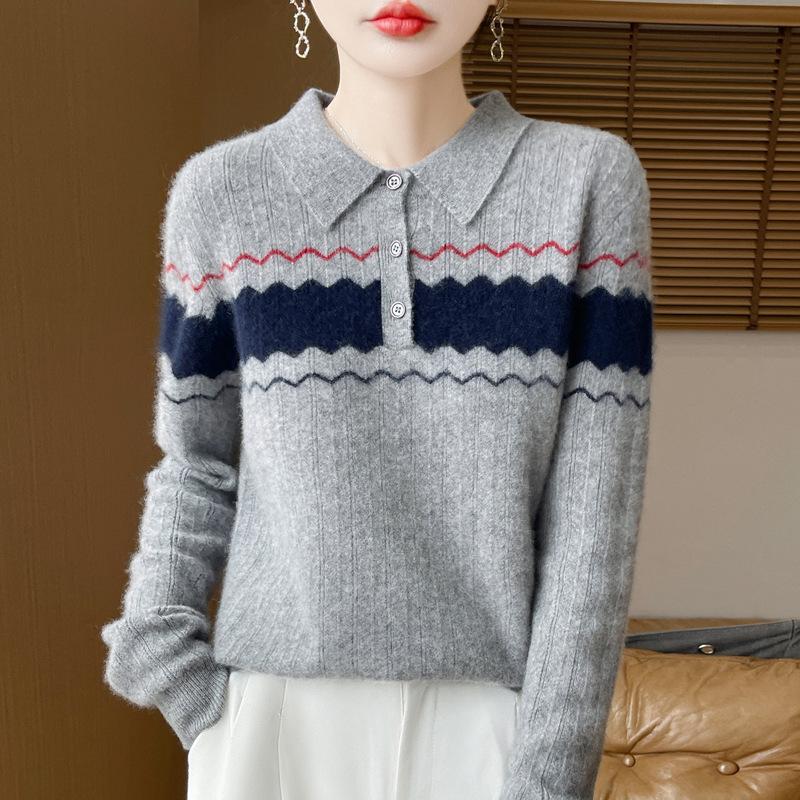 Autumn And Winter New Lapel Knitted Wool Sweater Women'S Loose Large Size Sweater Women'S Color Matching Temperament Versatile Foreign Style Sweater