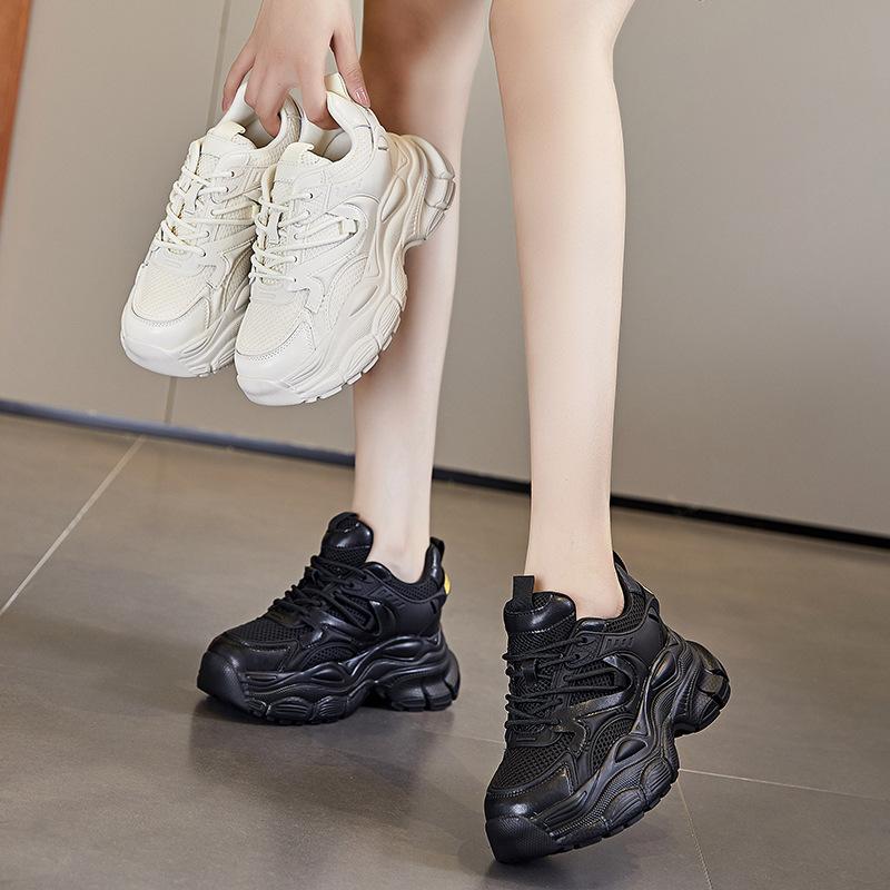 Leather Dad Shoes Women's Autumn and Winter Tennis Style Wear Sports Shoes Thick Soles Increase the Feeling of Stepping On Shit, White Shoes Are Comfo