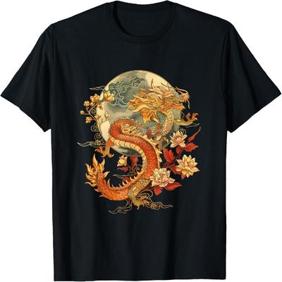 Crimson Lunar Floral Dragon Art Noveau T-Shirt
