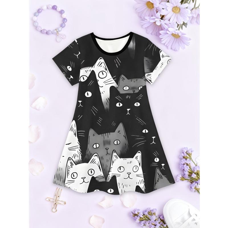 

2026 Summer Cat Dress for Girls Featuring a Cute Cartoon 3D Cat Print, Short-Sleeved Black And White Princess Dress 110