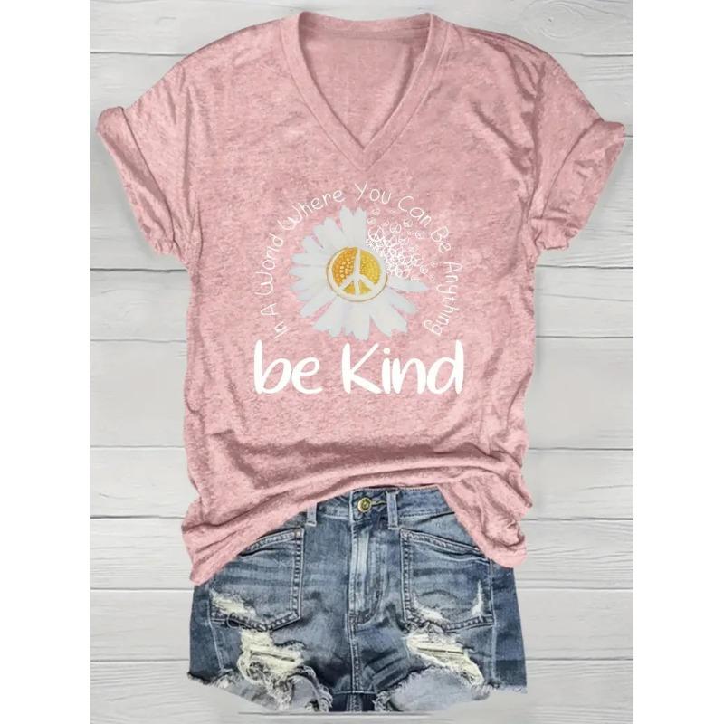 Summer V-neck 3D Flower Pattern Printed Top Fashionable Casual Short Sleeved Women's T-shirts