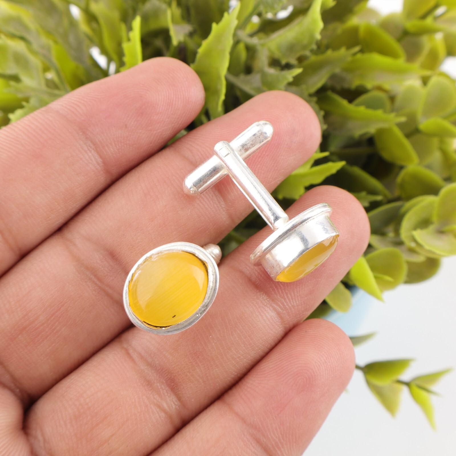 

Yellow Cat s Eye Gemstone 925 Sterling Silver Jewelry Handmade Cufflinks 0.59 CL-2-24