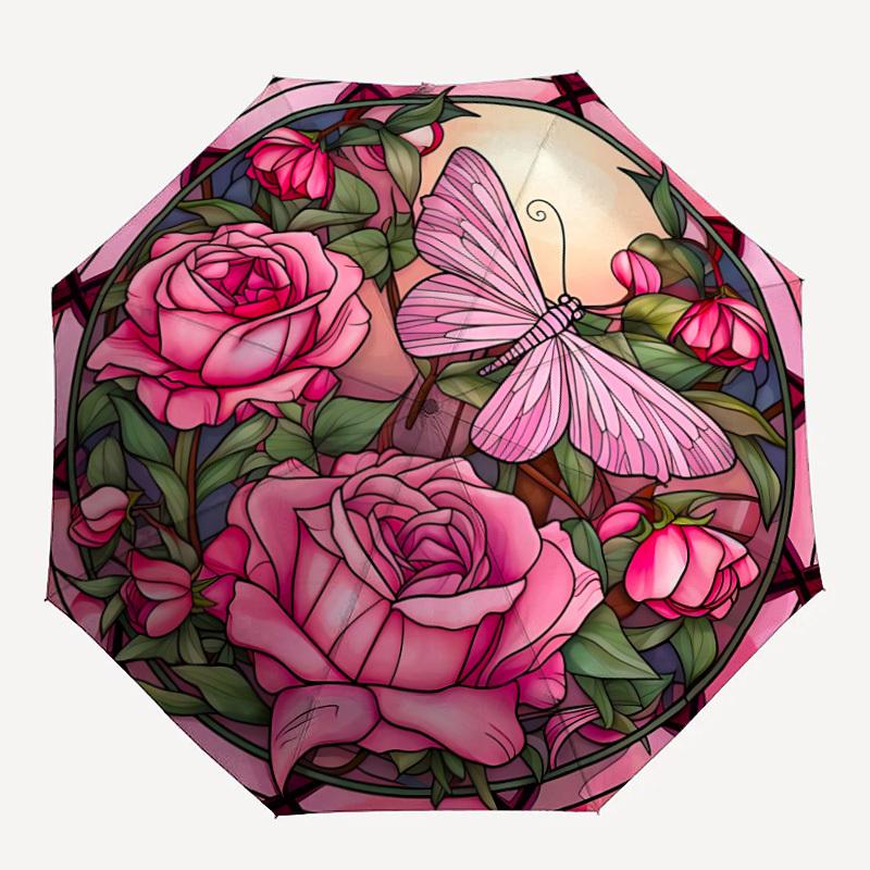 

1pc Butterfly Roses Stained Glass Automatic Open/Close Umbrella with Windproof, 8-Rib Sturdy Canopy, Durable Ribs, Ideal for Gifts yy251117044