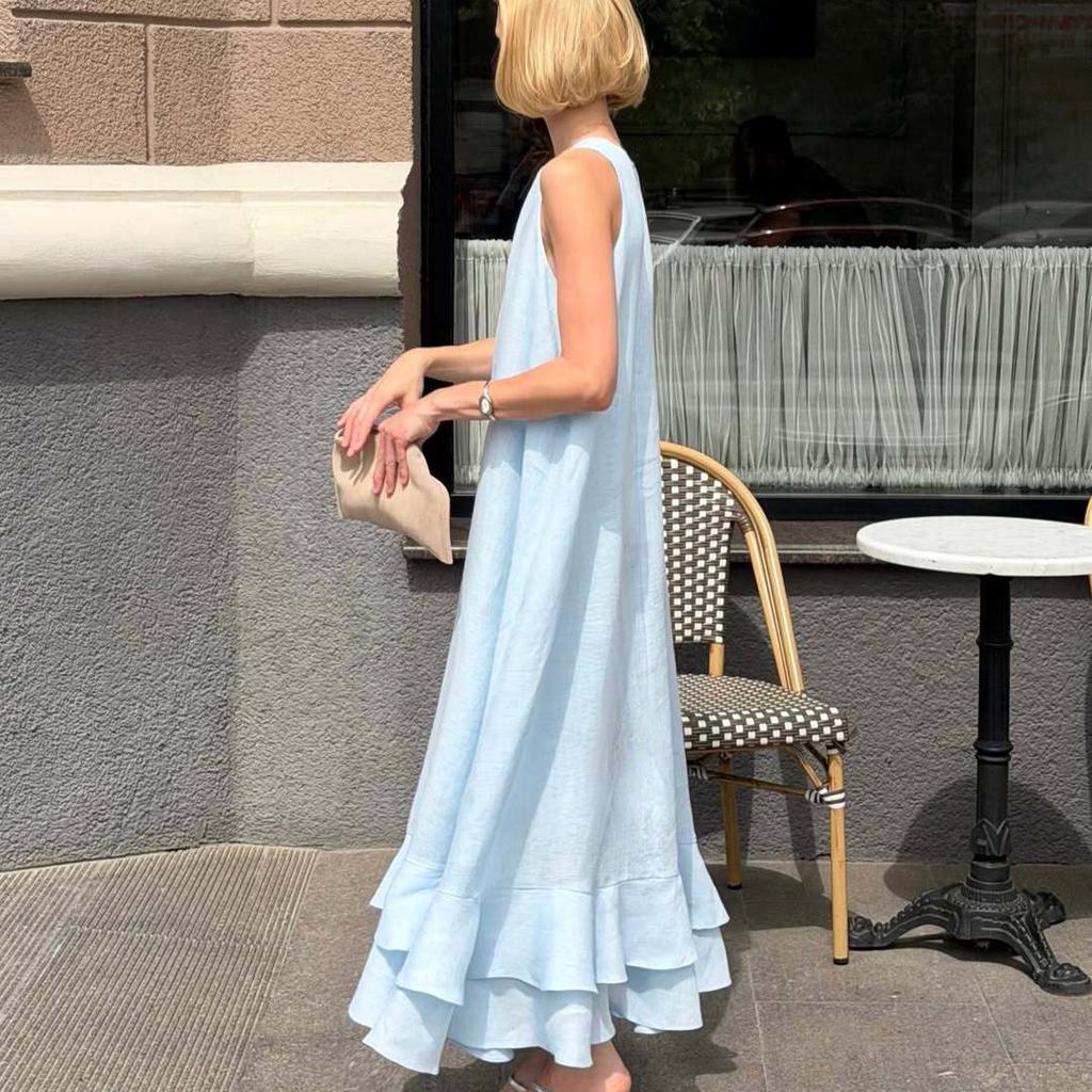 European and American foreign trade women's clothing 2026 summer new vacation sleeveless loose casual solid color ruffle edge dress