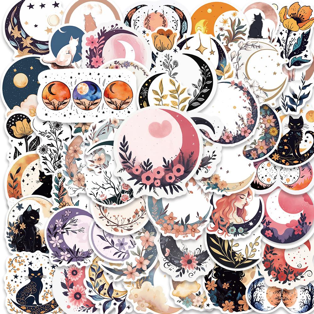 50Pcs Art Flowers Moon Cat Vintage Stickers Aesthetic Retro Boho Cartoon Decal For Refrigerator Scrapbooking Notebook Sticker
