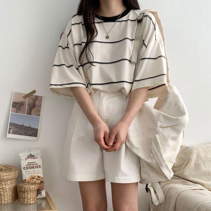 Women's Oversized Cotton T-Shirt: Trendy Korean Style, Short Sleeve, Mid-Length, Plus Size Summer Stripes.