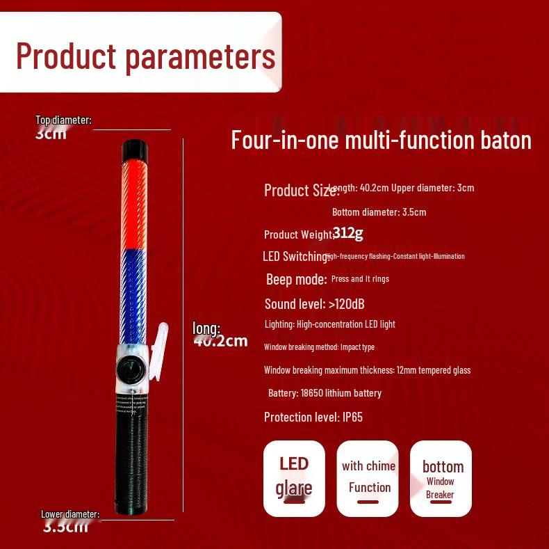 Baston de semnalizare LED reîncărcabil 40cm: Instrument de siguranță 4-în-1 cu intermitență roșie și albastră, vizibilitate nocturnă, fluorescent și funcție de spargere a geamului.