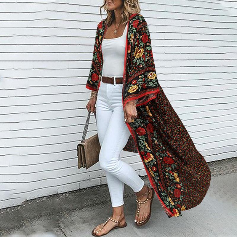 ZANZEA Bohemsk trykk Ferie Hverdagslig Langermet Strand Lang Cardigan Cover-up
