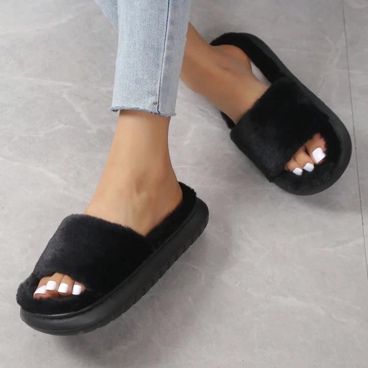 Classic Slippers for Women Casual Flat Low Heels Sweet Basic Shoes for Women Solid Fur Slip On Winter Slides Plus Size