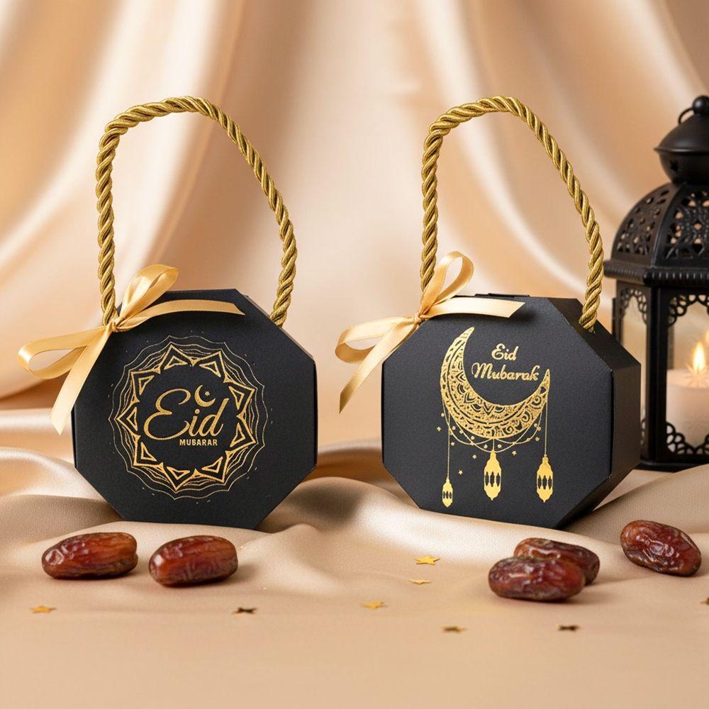 10Pcs Satin Ribbon Bow Eid and Ramadan Gift Boxes Gold Stamping Portable Ramadan Gift Box Reusable Simple Gift Packaging Bags