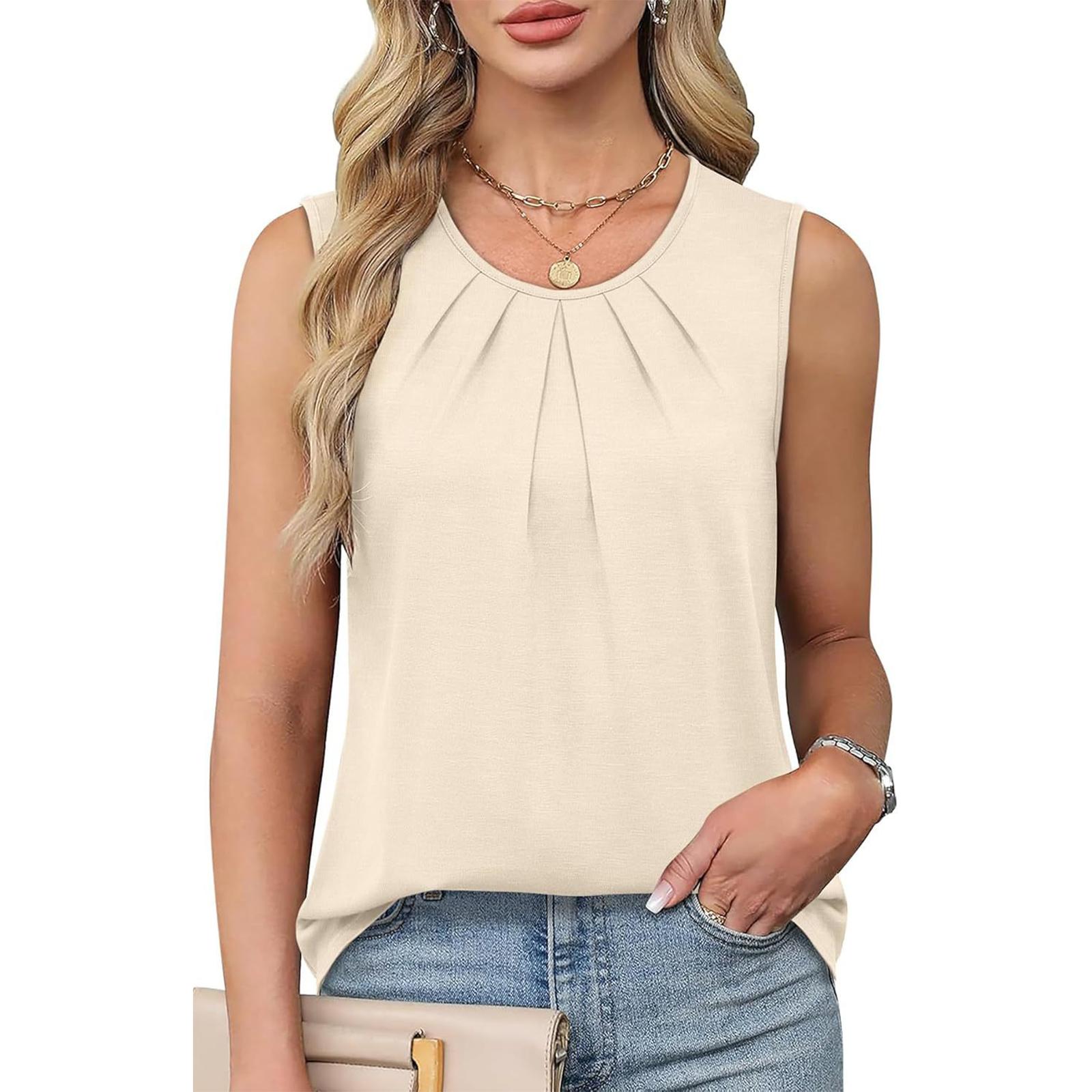 

Women s Fashionable Summer Color Round Neck Pleated Versatile Casual Sleeveless Vest Top XXL бежевий