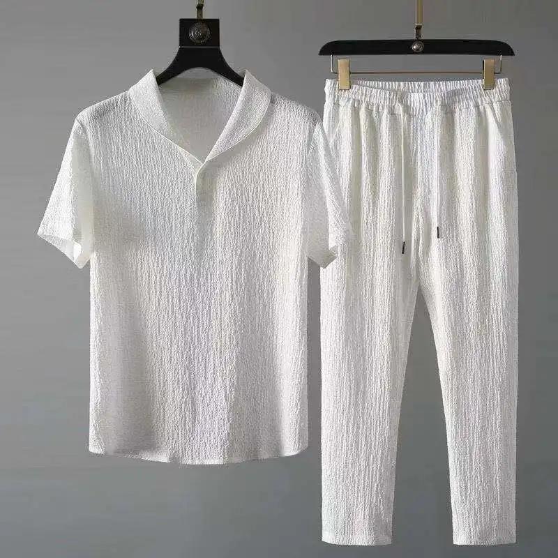 Summer Fashionable Trendy Men's 2-Piece Set Casual Sports Suit Shawl Collar White Short Sleeve T-Shirt